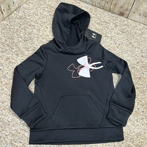NWT Under Armour Girls YXS Fleece Logo Hoodie Black w/ pink & white logo